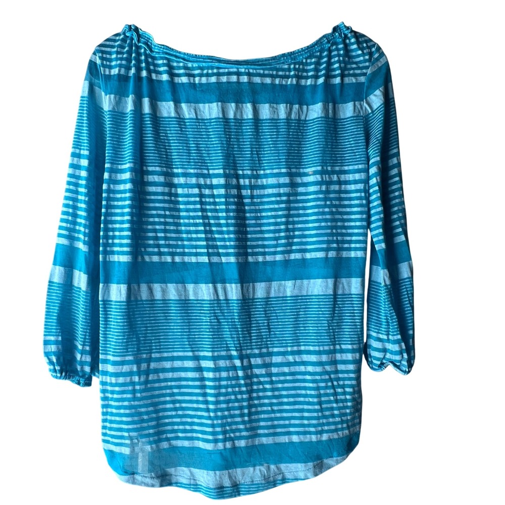Ann Taylor Striped Blue Burnout Tie Neck Blouse Long Sleeve Top XS - Picture 2 of 5